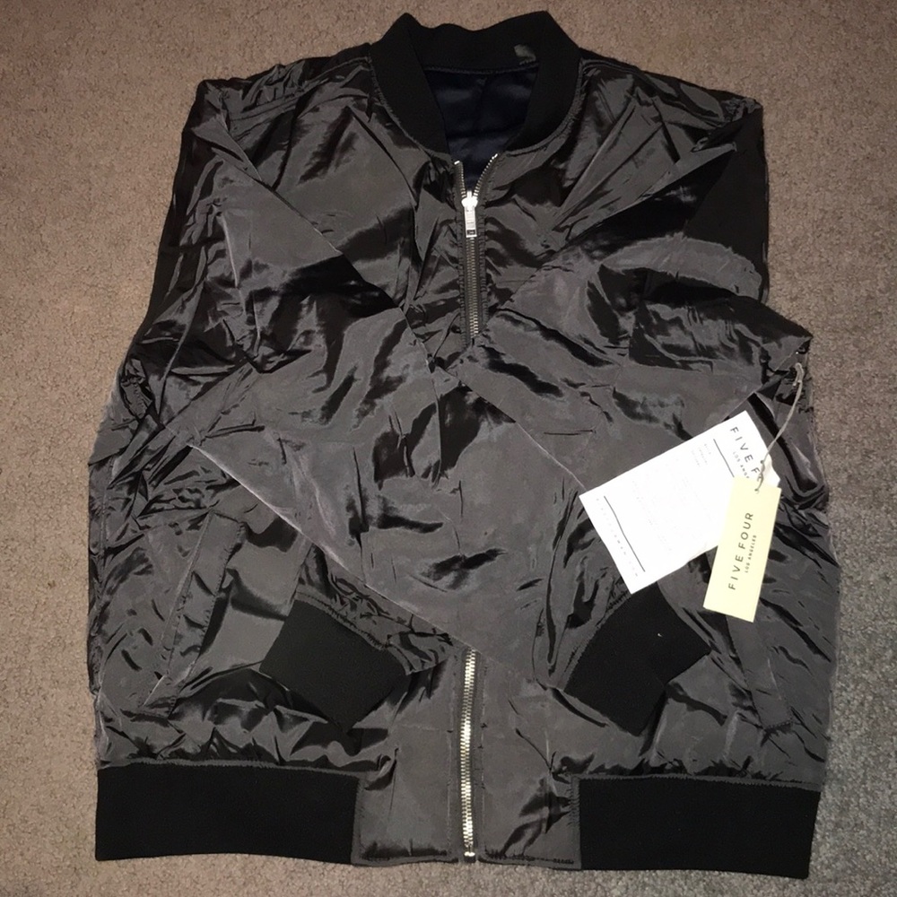 Grey and blue reversible nylon men’s bomber jacket